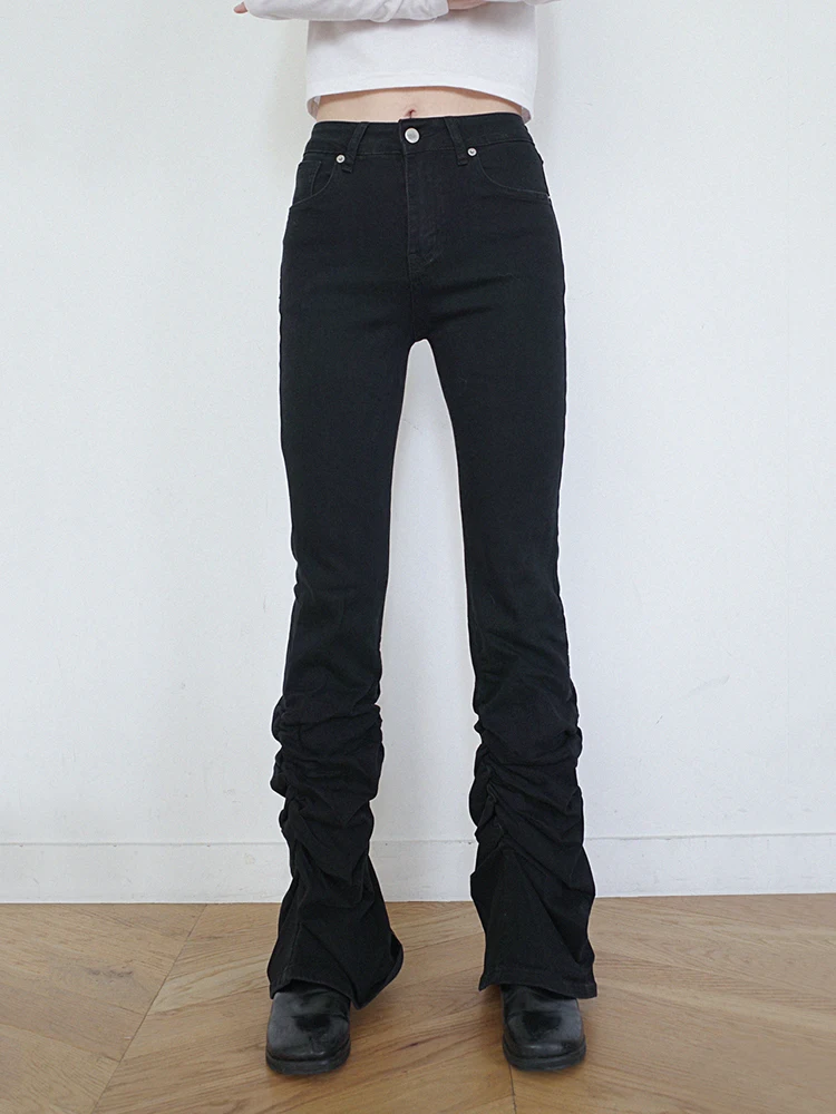 REDDACHiC الجرونج النساء Shirred Bootcut الدنيم السراويل عادي أسود عالية الخصر تمتد ضيق مضيئة الجينز الرجعية Y2k كوريا جرس قيعان