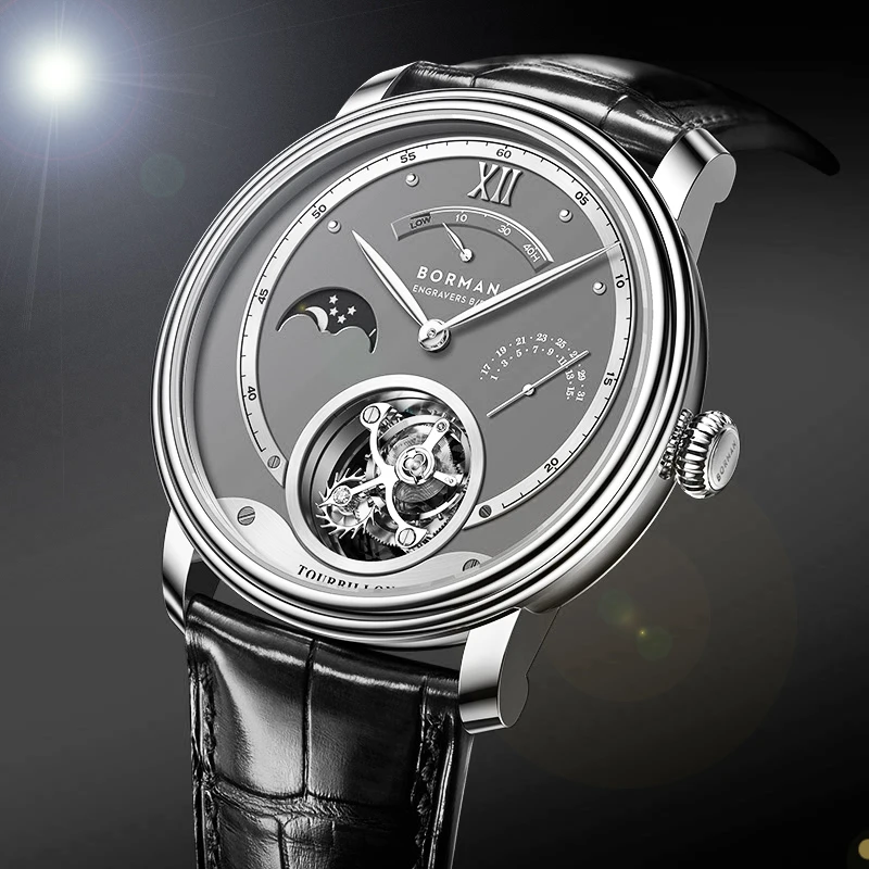 BORMAN Seagull ST8007 Movement WristWatch Luxury Men Mechanical Watches Man Moon Phase Calendar Clock Manual Wind Watches