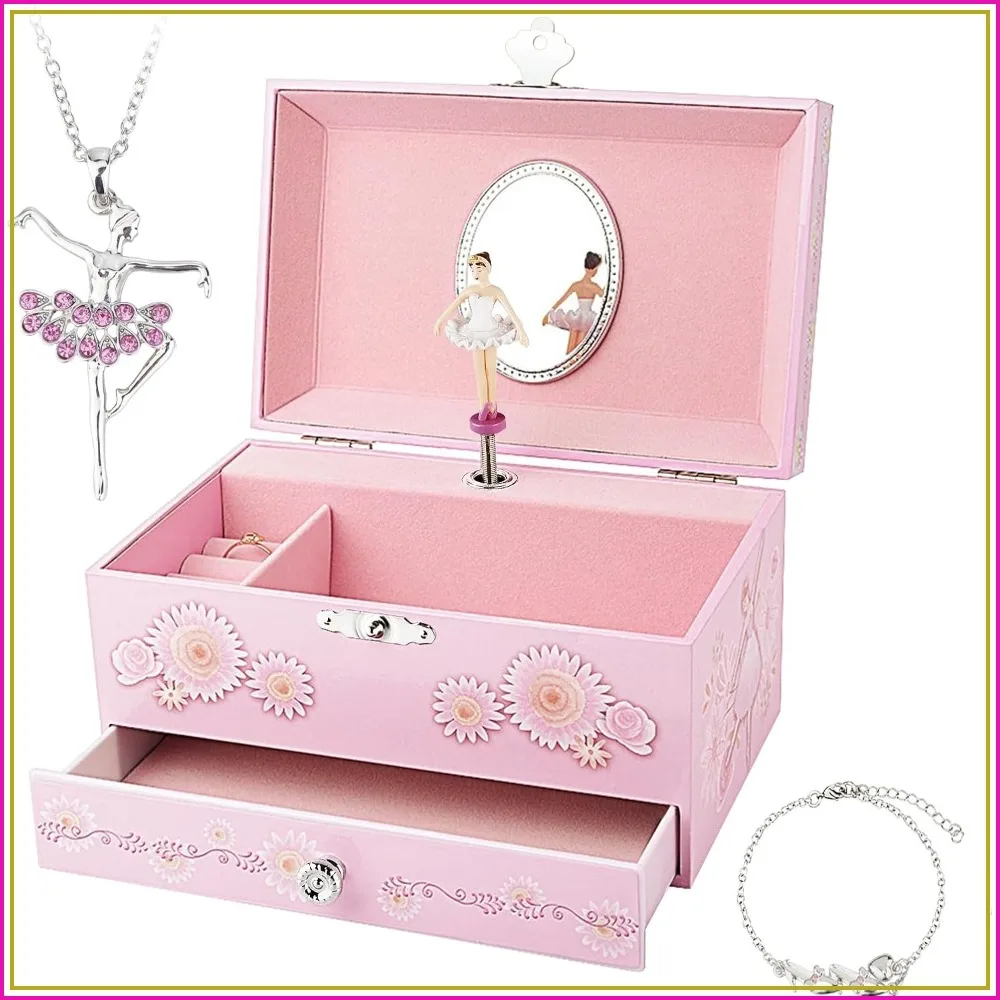 Joyero Musical para Niñas con Cajón, Tema de Bailarina, Melodía de Lago de los Cisnes, Rosa