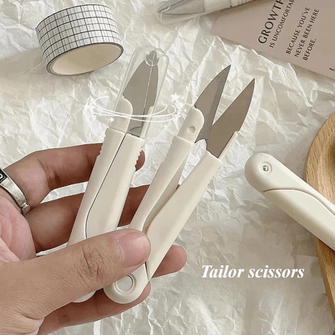 1Pc INS White Simple Spring Thread Clippers with Lid Foldable Home Portable Tailor's Scissors Sewing Embroidery Fabric Cutter