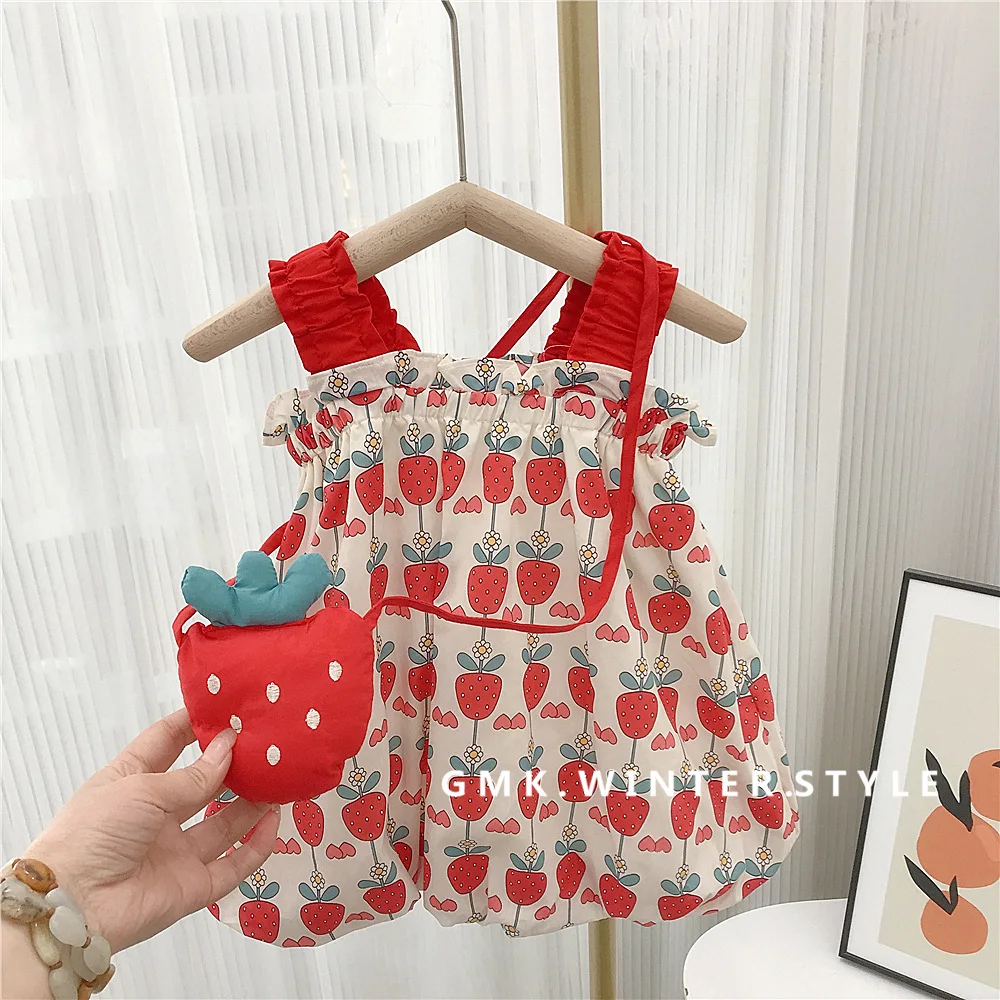 2024 Summer Children Girl Two-piece Set Printed Toddler Girl Sling Floral Bud Dress Suit Casual Strawberry Bag Baby Girl Outfits