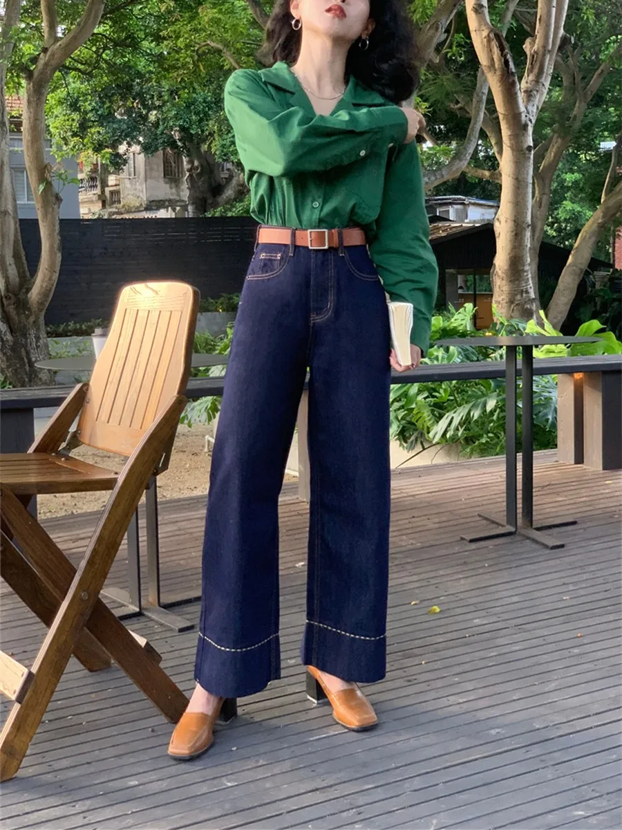 

Широкие джинсы с высокой талией и вышивкой в стиле ретро, универсальные хлопковые повседневные осенние женские джинсы с высокой талией, удобный крой, свободный крой