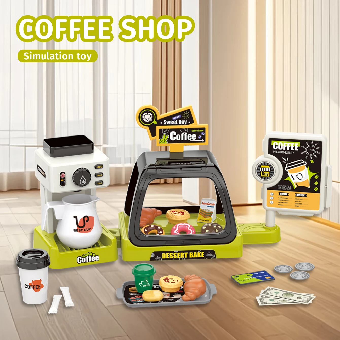 Mesa de té de juguete de simulación de juego de rol para niños, tres en uno, tarjeta de compras de postre, mini juego de caja registradora, novedad de 2026