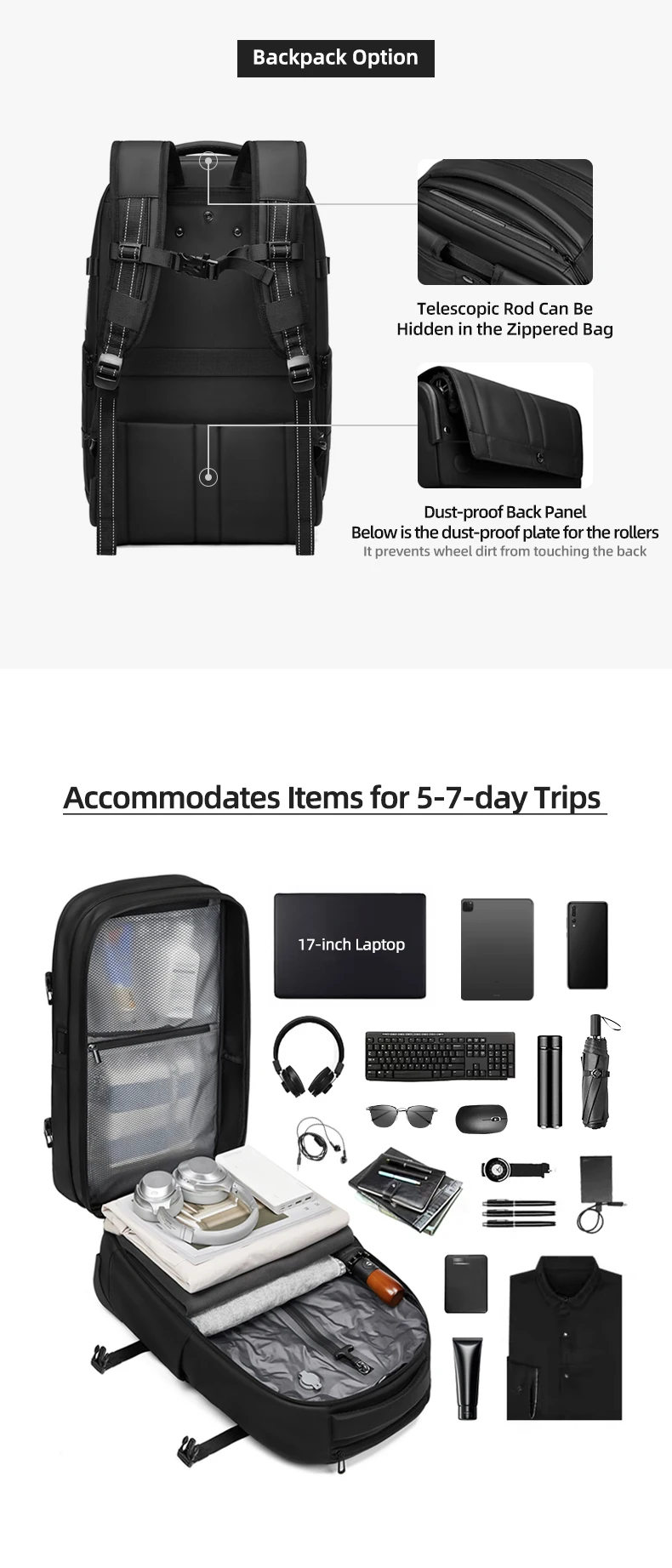 Reise-Trolley-Vakuum-Kompressions-Business-Rucksack mit Pumpe für Herren, Rucksack auf Rädern, Rollgepäck, Bergsteigertasche – Detail 3