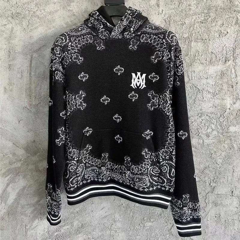 Black Knitted Vintage Paisley Print Hoodies Big A Men Pullover 2024 High Quality Embroidered Men Long-sleeved Letter Sweatshirt