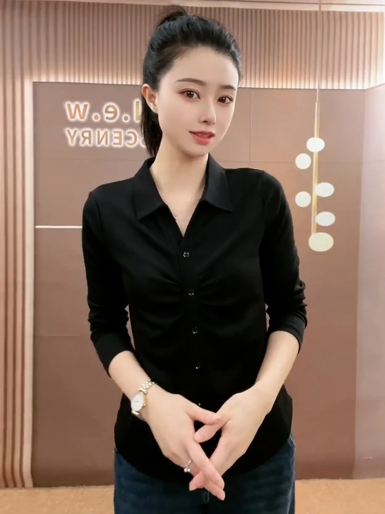 Camiseta Casual Longa Feminina em Algodão Puro Moda Primavera Outono Nova Camiseta Cardigan Dobrada Confortável e Respirável