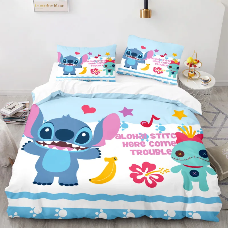 Disney Bedding Set Kawaii Cartoon Anime Stitch Angel Quilt Duvet Cover Pillowcase Kids Comfortable Bed Set Full Twin Queen King