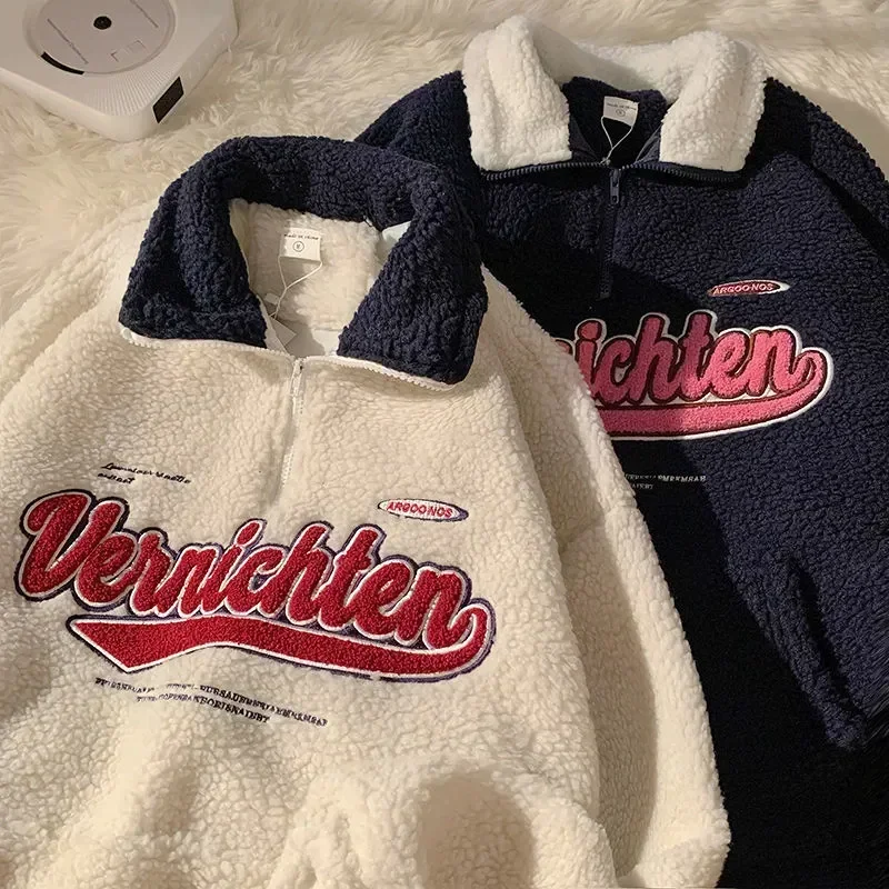 Vintage Lamb Wool Sweatshirt Women Embroidery Letter Hoodies Winter Warm Fleece Coat Women Fashion Oversized Baseball Streetwear