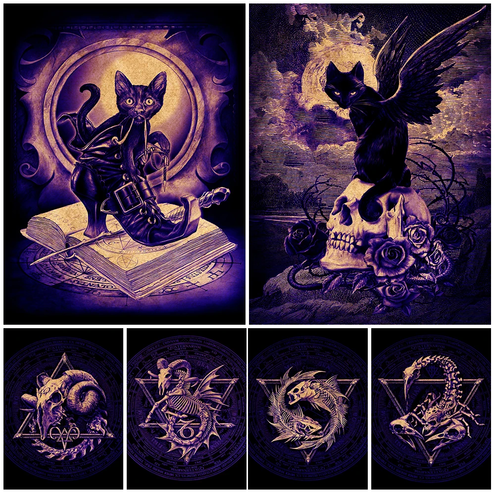 

Black Cat Spirit Board And Midnight Mischief Of Wizard Cat Vintage Wall Art Canvas Painting Mysterious Astrology Poster Print