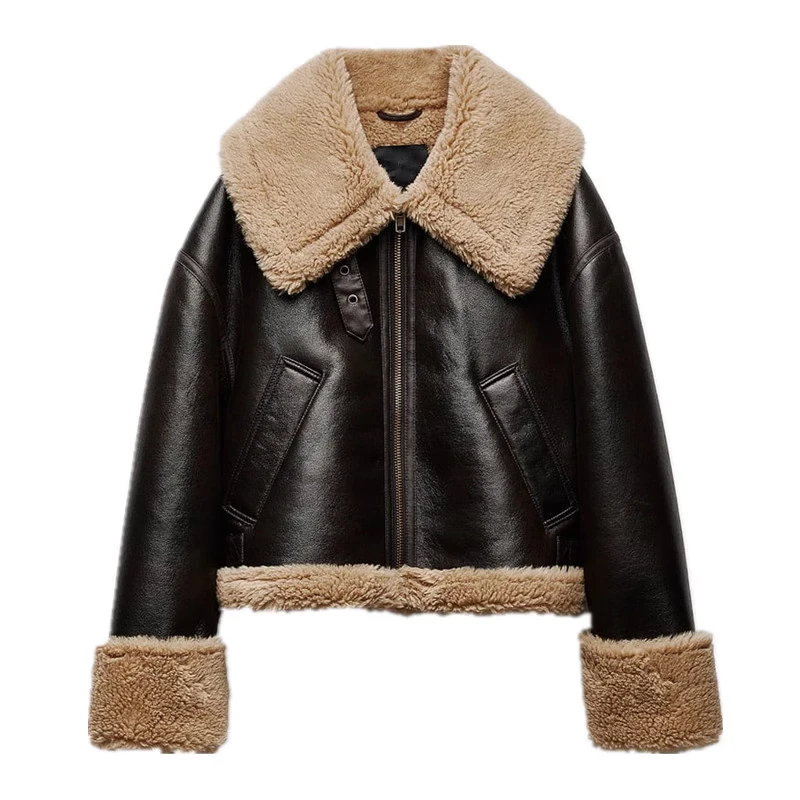 両面フリースバイカージャケット、袖口レザー、カラーブロックデザイン、秋冬アウター、レディースファッション