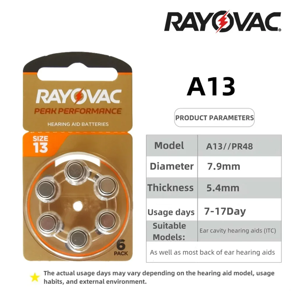 Hearing Aid Batteries 6-60 PCS 1-10 Cards Zinc Air 1.45V Rayovac Peak A13 13A 13 P13 PR48 Hearing Aid Battery For Hearing Aids