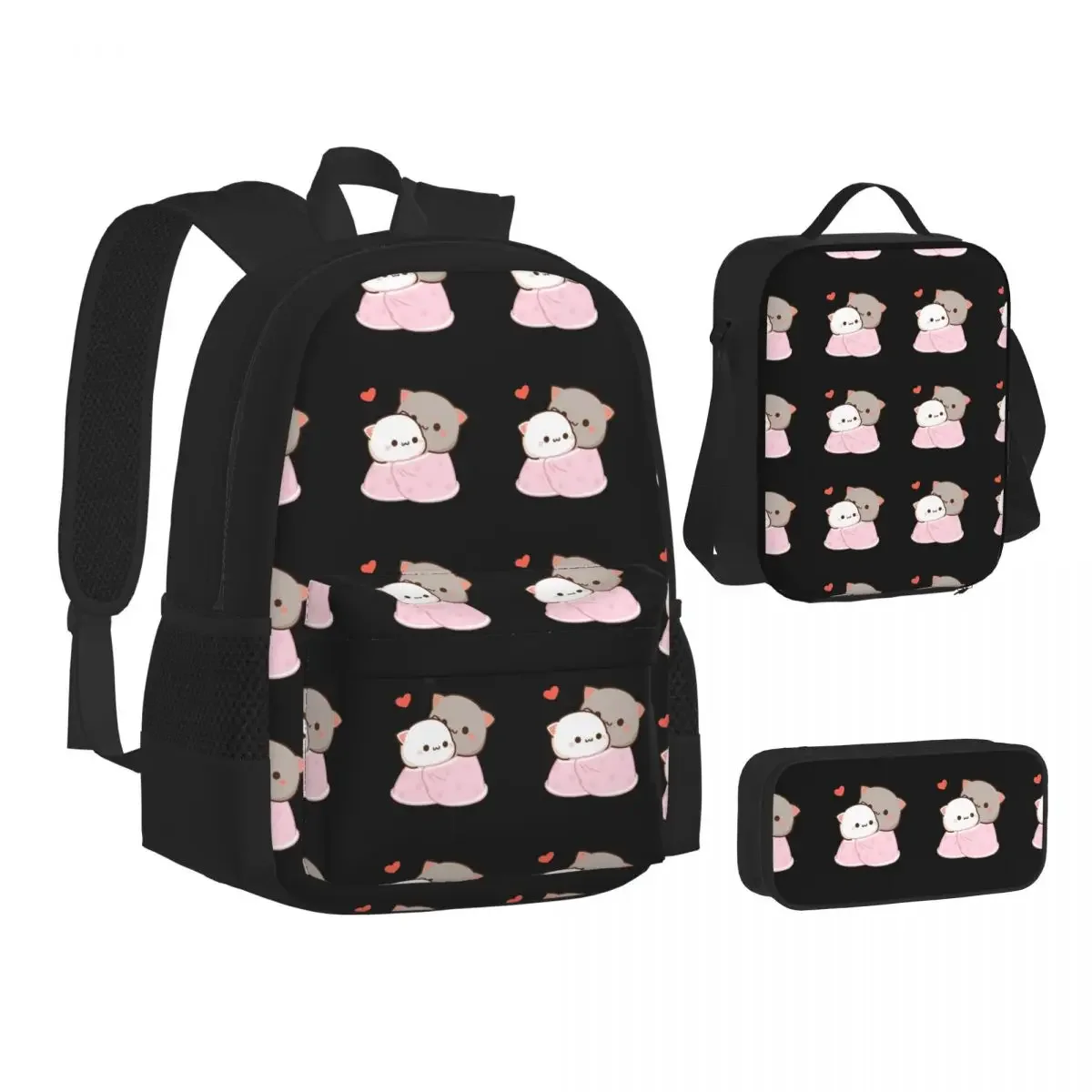 

Peach And Goma Cuddling Mochi Peach Cat Backpacks Boys Girls Bookbag Children School Bags Lunch Bag Pen Bag Three-Piece Set