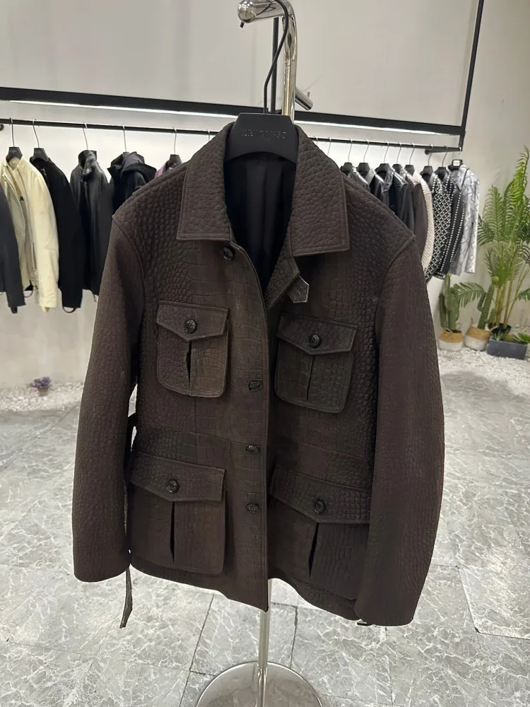 Casual Men Crocodile Grain Sheepskin Turn Down Collar Single Breasted Jacket Loose Fit Multi Pockets Genuine Leather Jacket Coat
