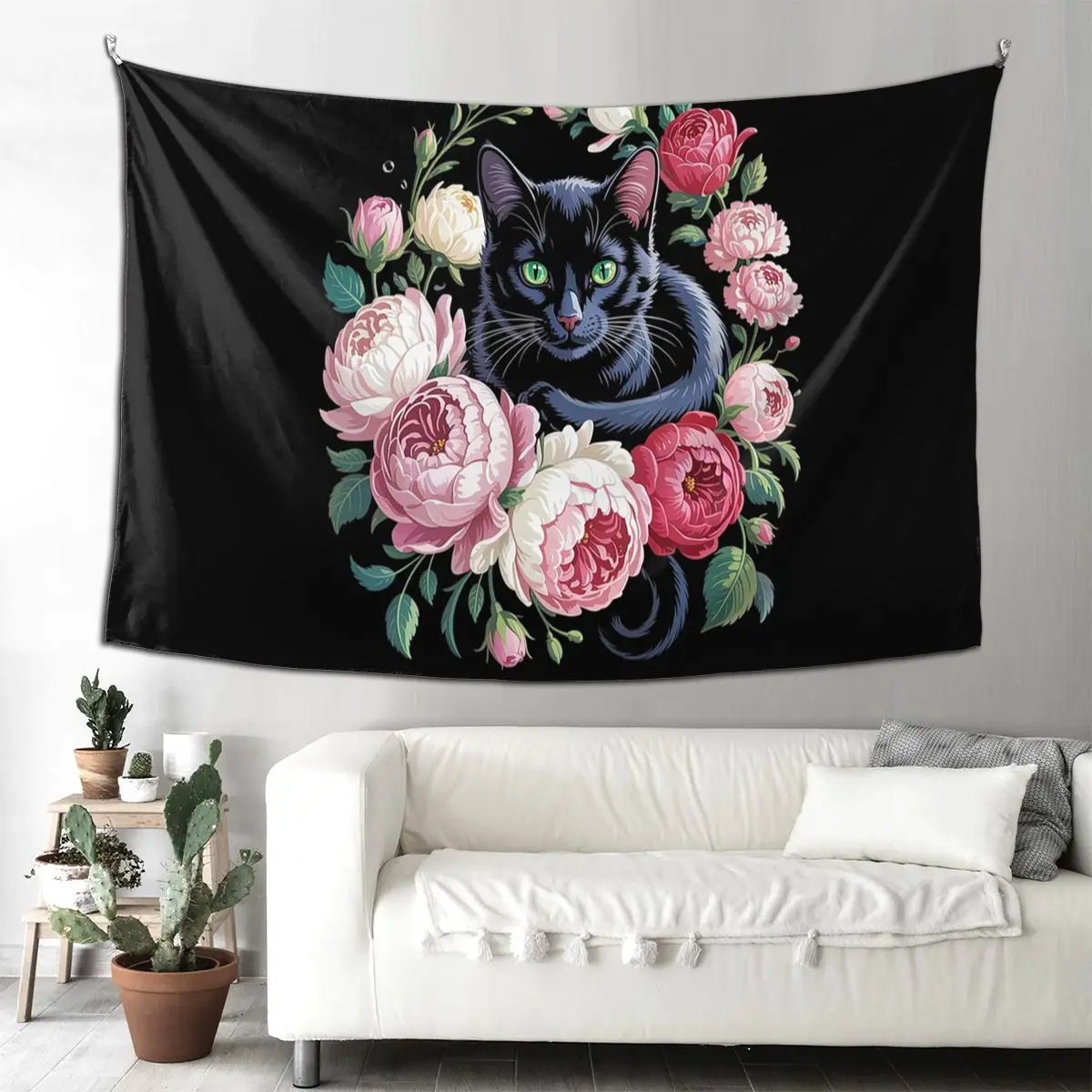 

Cute Floral Black Cat Flower Kitten Roses Art Tapestry Hippie Wall Hanging Aesthetic Home Decor Tapestries Living Room Bedroom