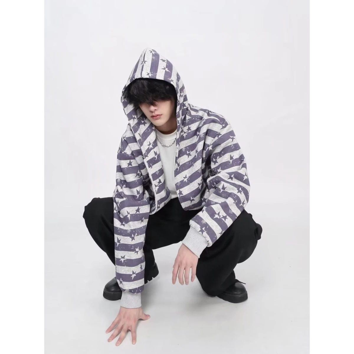

2026 Unisex Hoodie Zipper Jacket Casual Wear Star Stripe Patterned Sweatshirt Loose Fit Polyester Fiber Autumn Spring Wear
