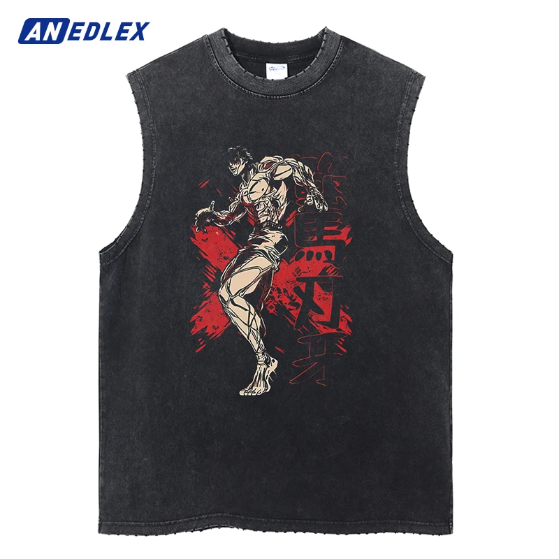 

Fashion Washed Vintage Vest Japanese Anime Graphic Men T-Shirts Sleeveless Tops Tees Streetwear Harajuku Oversize Tank Black