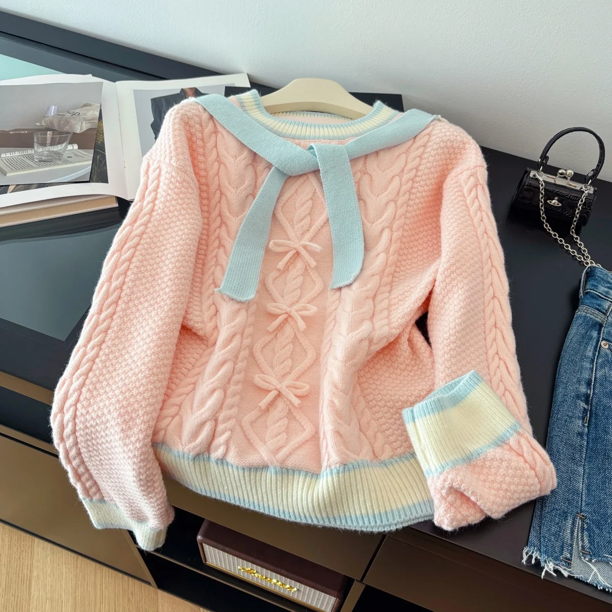 

Women's Pink Knit Pullover Sweater 2000s Vintage Korean Style Jumper Knit Long Sleeves Removable Hoodie Cashmere Sweater Spring