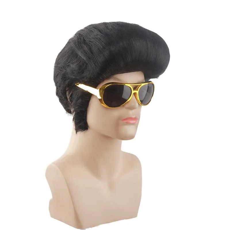 Rock and Roll Elvis Presley Cosplay-Perücke, tägliches Tragen, schmelze Fasern, Maskerade, Party, Bühnenaufführung, schwarzes kurzes Haar – Detail 3