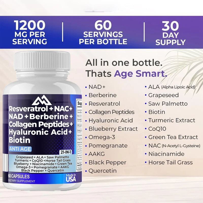 Resveratrol NAD Aspartate Hyaluronic Acid Grape and Blueberry Collagen Peptides Hair, Nail, Skin, and Joint Supplements Capsules