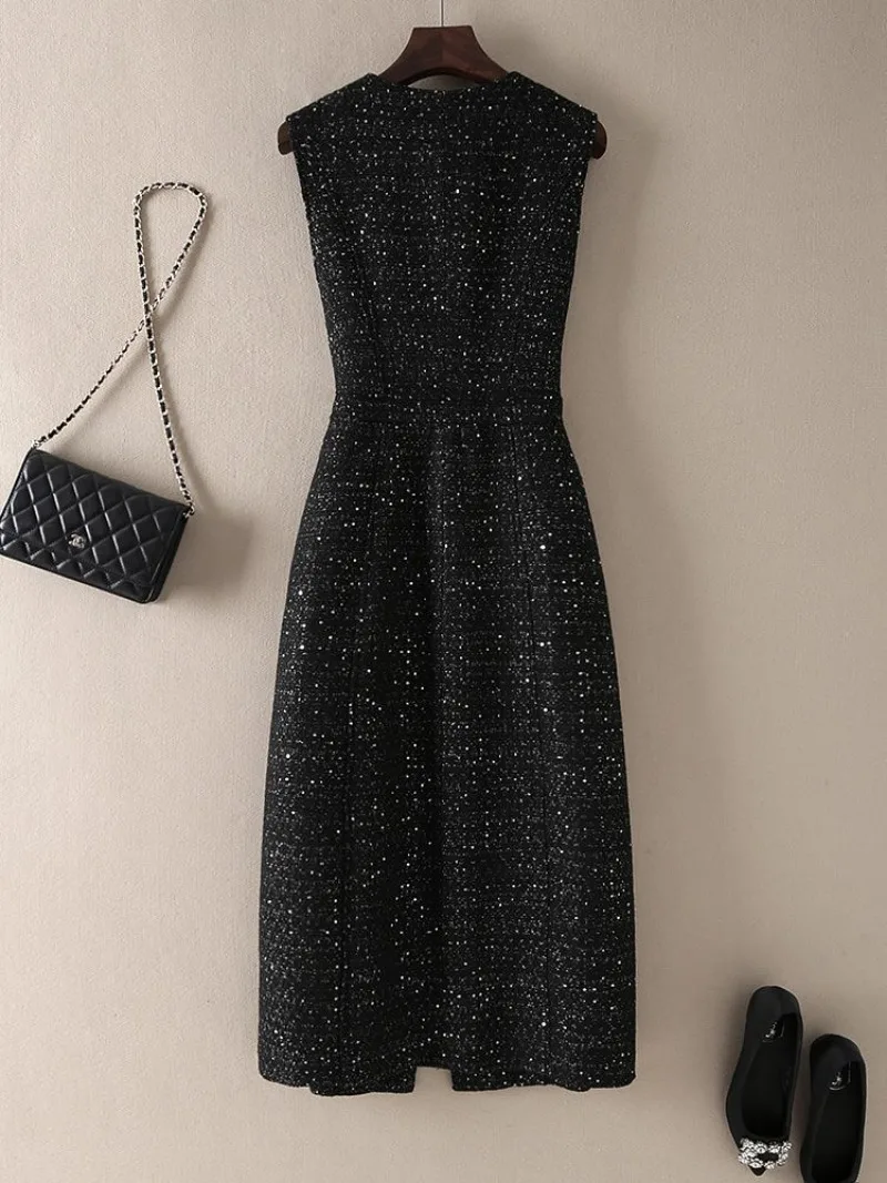 جديد ريترو صغير العطر تويد سترة فستان المرأة أنيقة الترتر الخصر النحيف الخامس الرقبة بلا أكمام الراقية فساتين الحفلات Vestdios #2