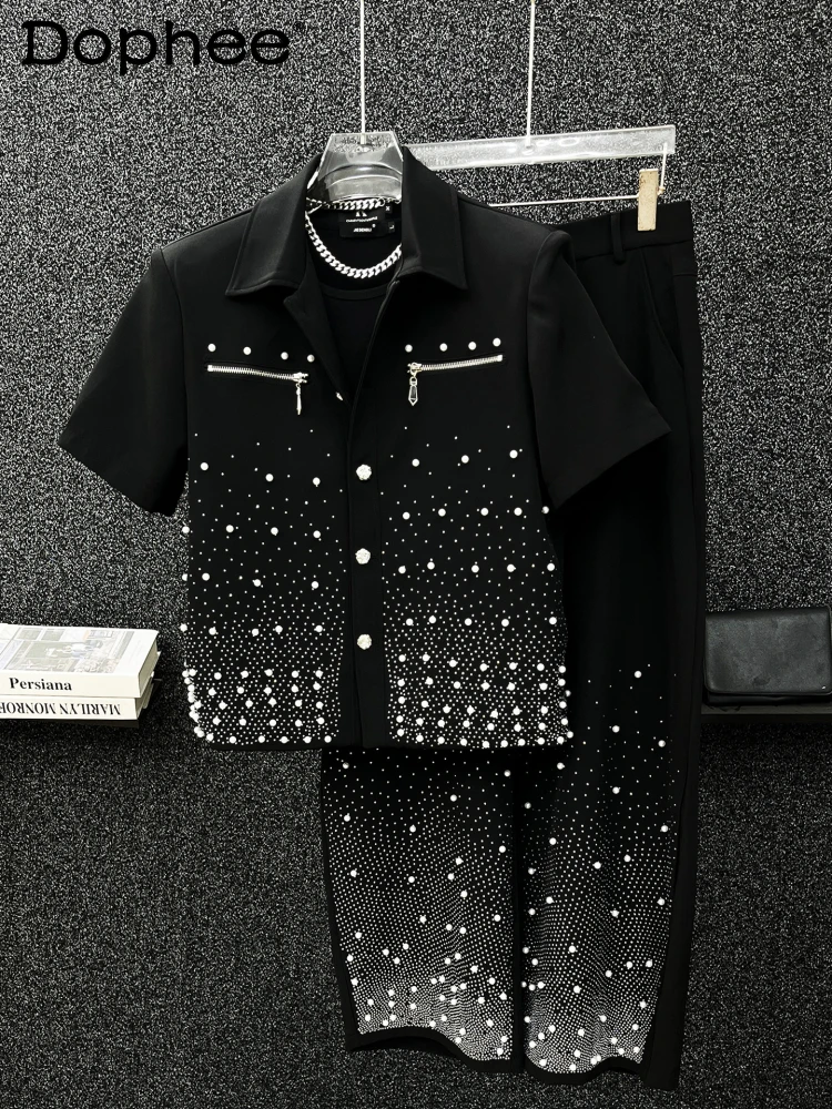 Summer New 2025 Pearl Short Sleeve Jacket Two-piece Fashion Trendy Men Gypsy Heavy Industry Hot Diamond Wide Leg Pants Set