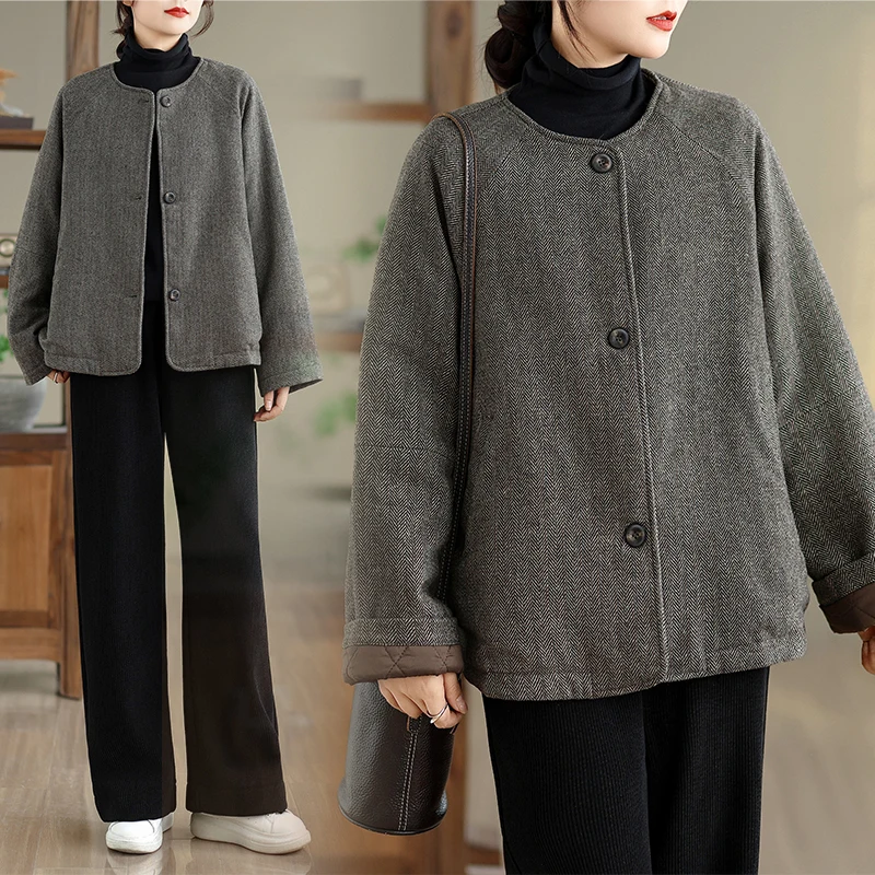 ريترو جولة Ne ort القطن Jaet المرأة فضفاضة عارضة Sle الشتاء Faion لون نقي أعلى البوليستر الصوف مزيج النسيج #2