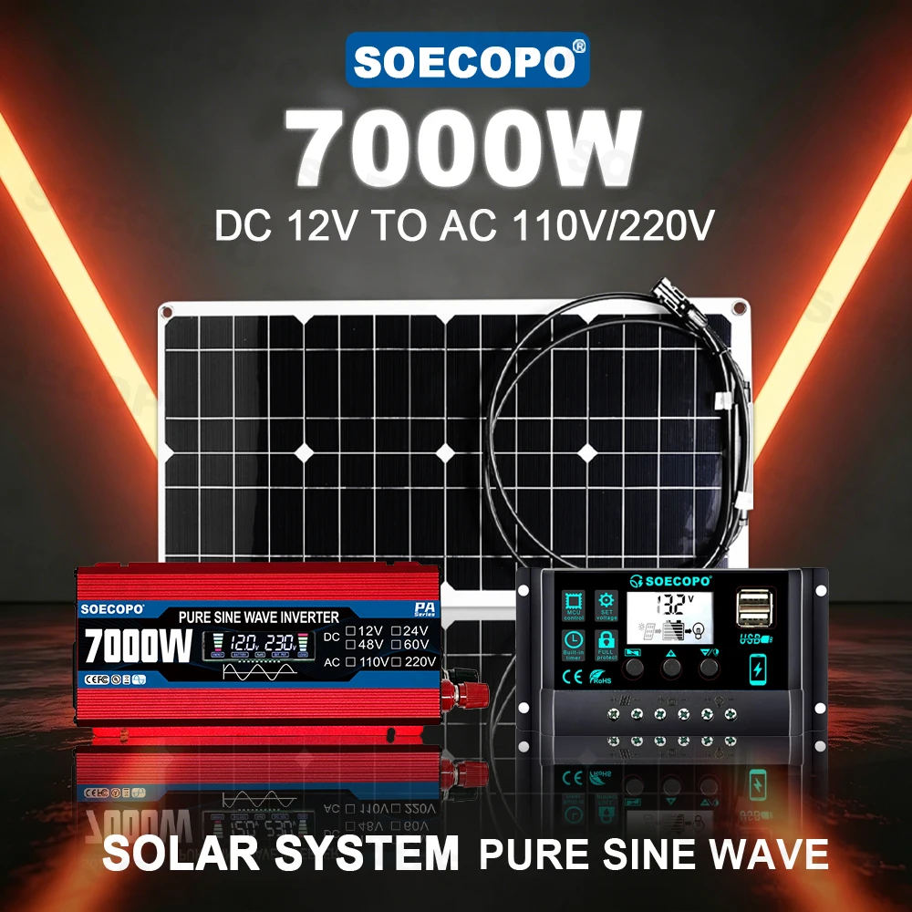 

Pure Sine Wave Inverter 7000W Solar System Kit (100A Controller DC12V AC110 220V Flexible Panel)High Conversion Rate for outdoor