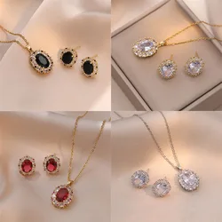 Light Luxury Zircon Ellipse Jewelry Sets Stainless Steel High Grade Geometric Pendant Necklace Earrings Gifts For Women Girls