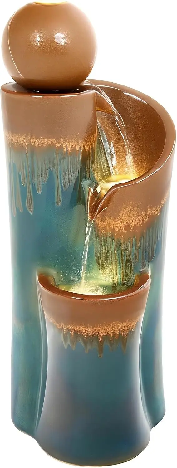 Teal Copper Ceramic Fountain Waterfall LED Outdoor Garden Patio Porch Yard Oasis