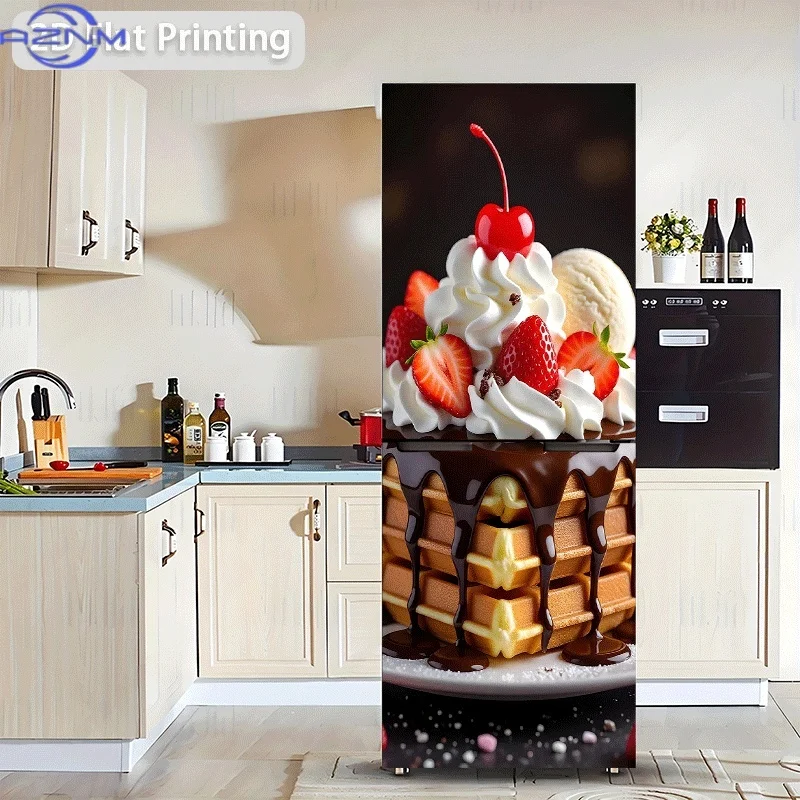 1pc 2D Printed Refrigerator Sticker, 60x180cm, Waffle Strawberry Dessert, Self-Adhesive Wall Decal Wallpaper, Suitable for Cab
