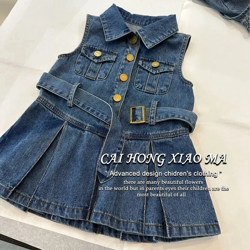 Girls Denim Dress Summer New Children's Fashion Flip Collar High end Denim Skirt Children's Clothing