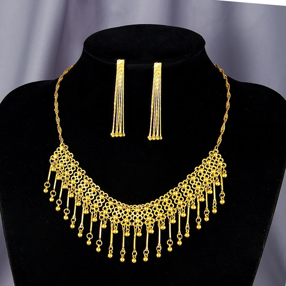 

Fashion Jewelry African Necklace Gold Color Earring Tassel Jewelry Dubai Women Set Classic Wedding Party Retro Necklace Design