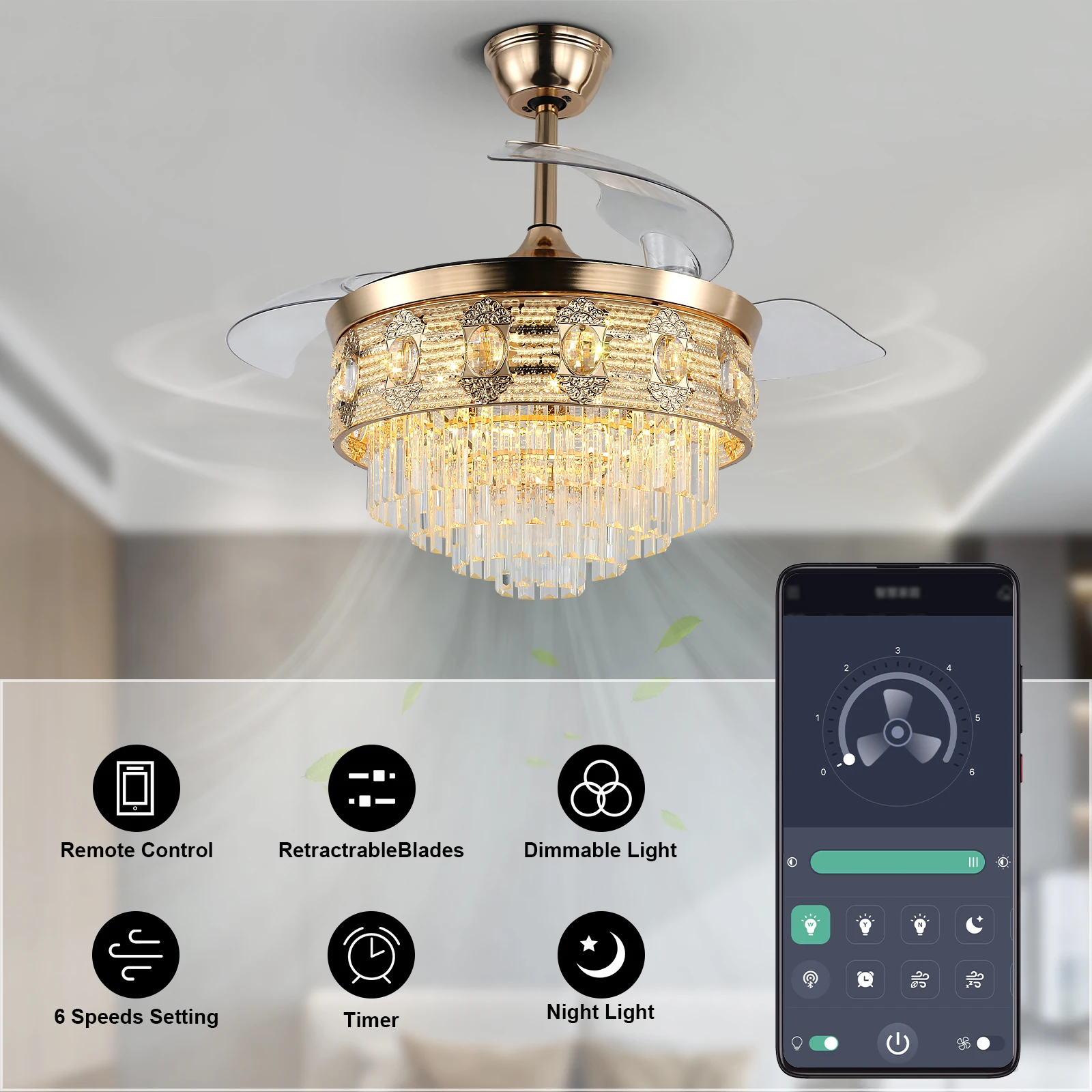 Modern Smart Ceiling Fan Chandelier Gold RC Adjustable 6 Speed Pendant Light Luminaire Bedroom 3 Heads Led Fandelier Lamp Indoor