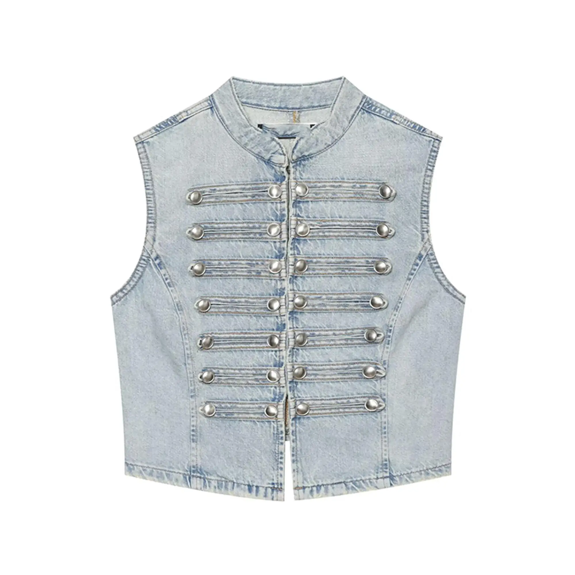 Modische Damen Ärmellose Jeansweste Oberbekleidung Vintage Trendy 2026 Sommer Neu Schlankmachende Stehkragen-Weste mit Knopfverzierung – Detail 2