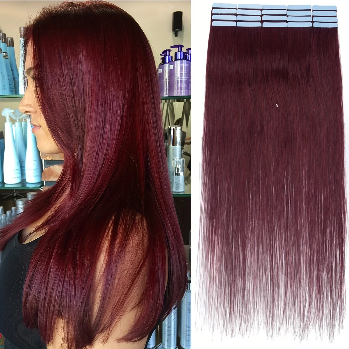 

Wine Red Remy Tape Hair Extension Double-Sided Glue 12-22 Inch 20pcs/pack for Thin Hair Extensions