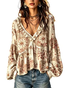 Blusa de outono com decote em V, camisa de manga comprida para mulher, blusa de primavera, peça casual, elegante, moderna, para usar no dia a dia e em