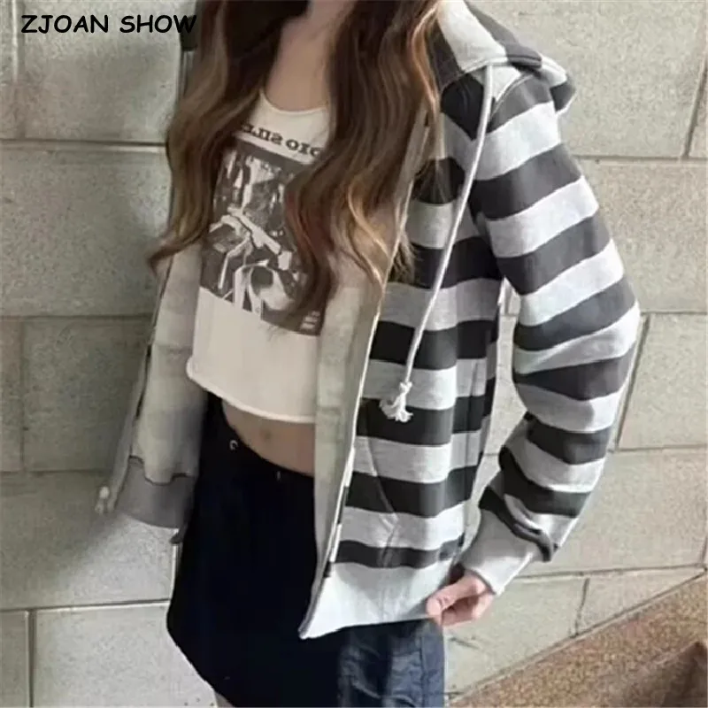 Autumn Winter Harajuku Contrast Striped Hooded Sweatshirt Women Long Sleeve Open Zipper Loose Hoodies Casual Sweats Black Navy