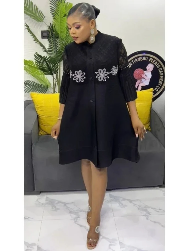 

2025 Autumn and Winter Africa New Women's Clothing Solid Color Splicing Dress Pleated Loose Women's Cardigan Dresses Hot Sales