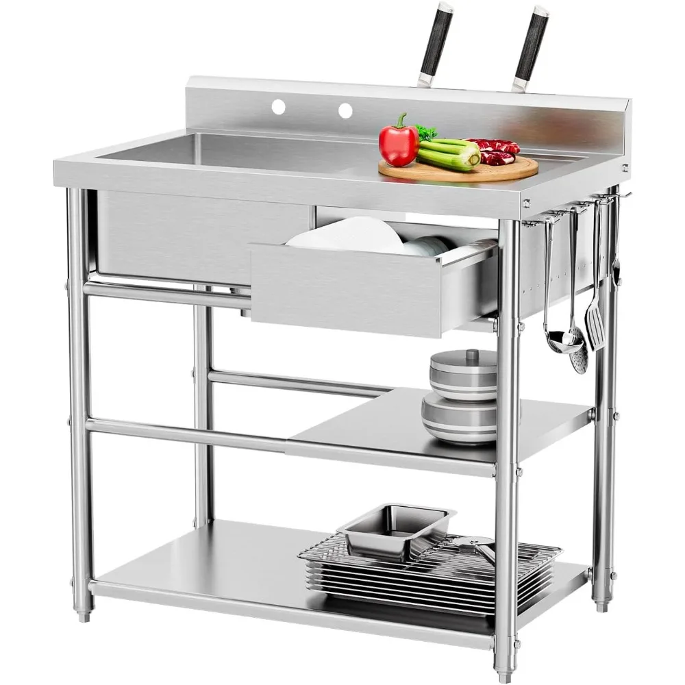 Rust-Resistant Utility Sink with Spacious Bowl, Smooth-Glide Drawer & Side Hooks