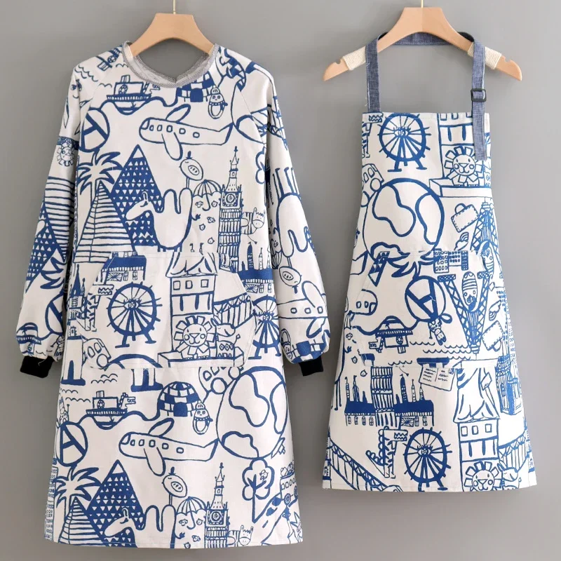 Oil-proof Apron Fashionable Canvas Kitchen Cooking Apron Home Long Sleeve Durable Women Overwear Work Clothes