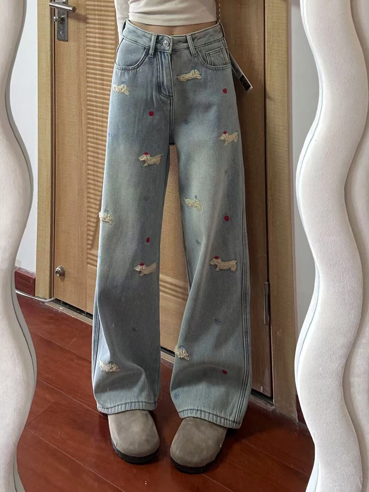 

Синие свободные широкие джинсы с вышивкой собаки и рисунком колбасы, женские повседневные брюки с высокой талией на весну и осень