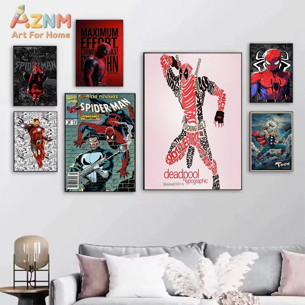 Spiderman Deadpool Iron Man Thor Punisher Superhero Canvas Wall Art Poster Vintage Marvel Comic Print Picture Home Bedroom Liv