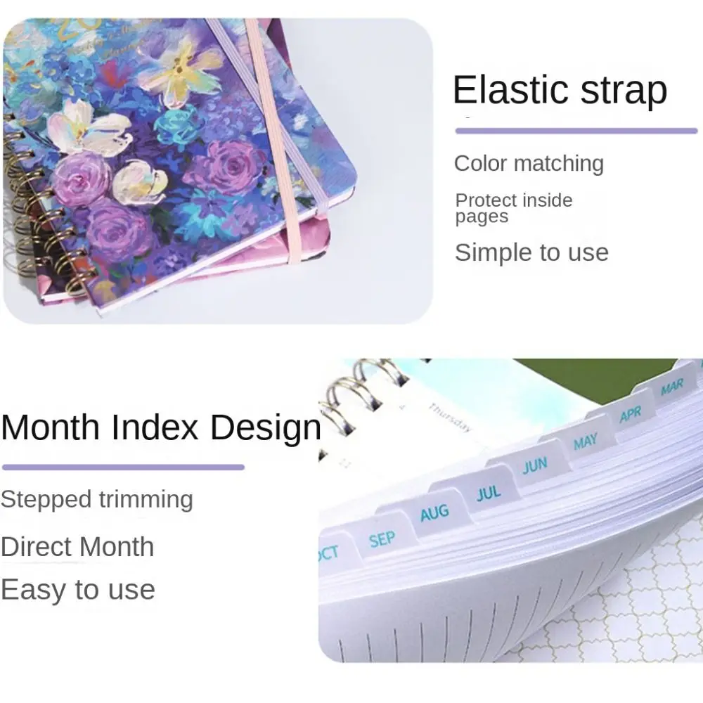 A5 2025 Agenda Planner Notebook Floral Paper 365 Days Notepad 140 Pages Elastic Band Design Business Notebook
