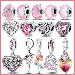 Perles de charme en verre de Murano rose encerclé pour femme, argent regardé 925, convient au bracelet de marque, cadeau de bijoux à bricoler soi-même