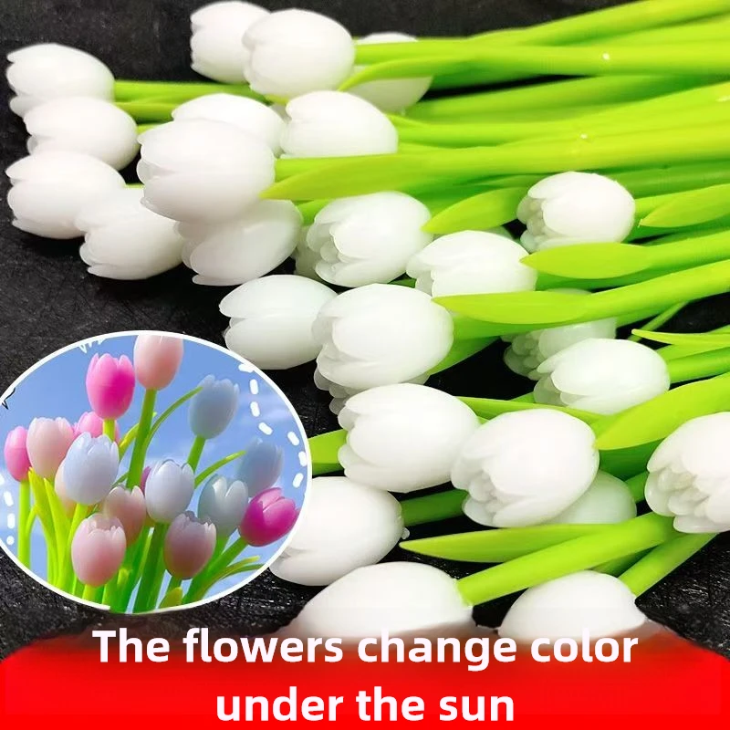

10 шт./лот, милые гелевые ручки-тюльпаны, меняющие цвет под солнечным светом, креативный цветок, черные чернила, нейтральная ручка для письма, каваи, школьные принадлежности