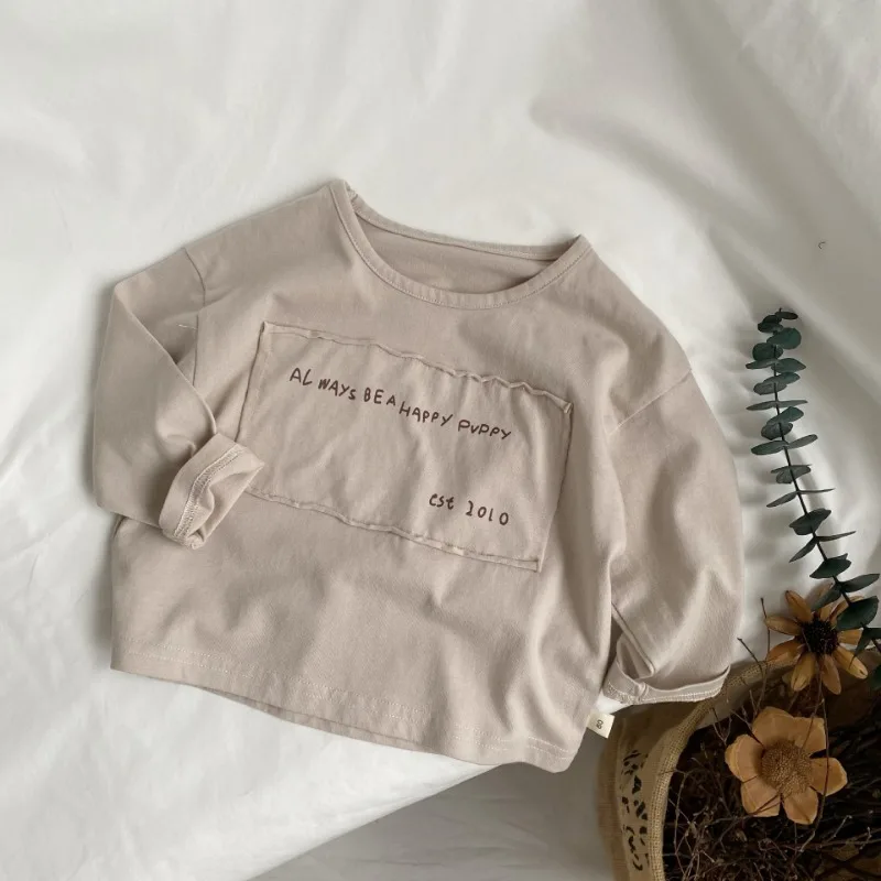 

Cotton loose long sleeve Girls Tees fashion Boys casual Tops Spring Fall Kids patch letters T-shirt