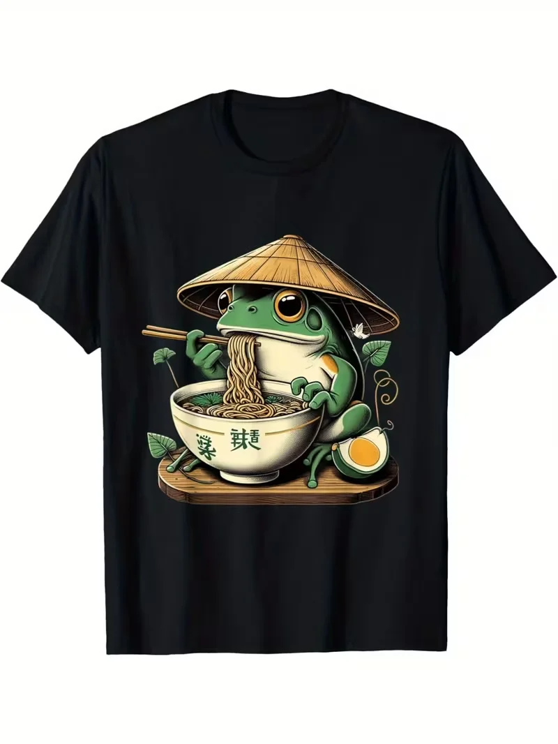 Kawaii Frog Eating Ramen T-Shirt – Cute Neko Japanese Noodles Anime Lovers Graphic Tee for Men Women Unisex Casual Black T-Shirt