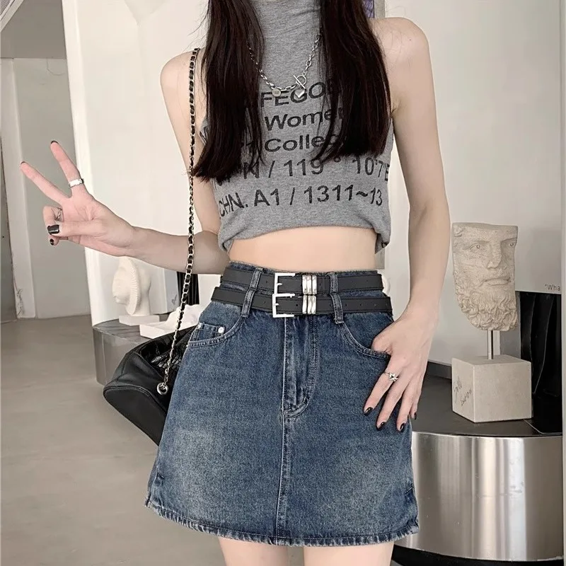 

2024 New Women's Summer Fashion Temperamen Versatile Solid Color Pocket High Waist Denim Loose and Slim A-line Wrapped Hip Skirt