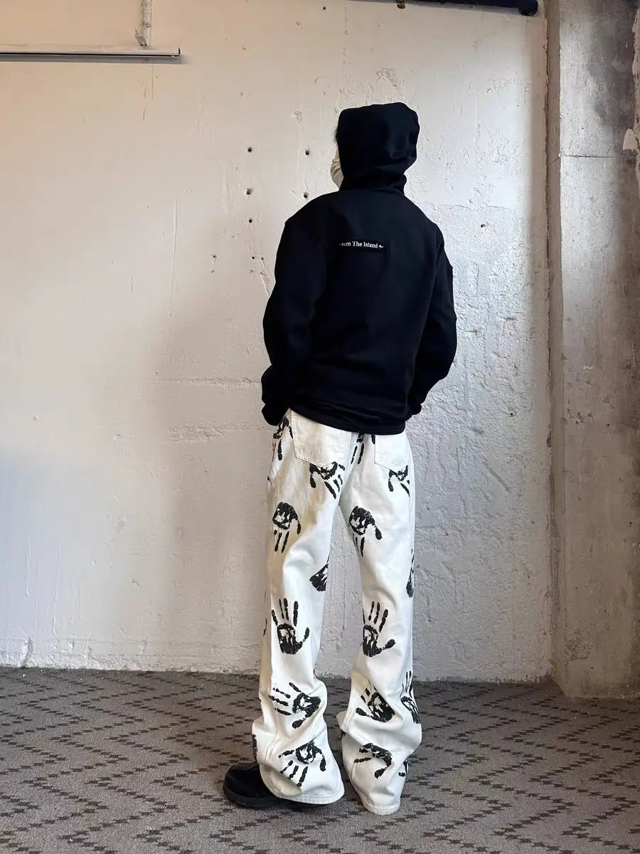 Fashion Men's White Washed Jeans High Street Hip Hop Style Vintage Straight Leg Casual Trousers with Retro Print