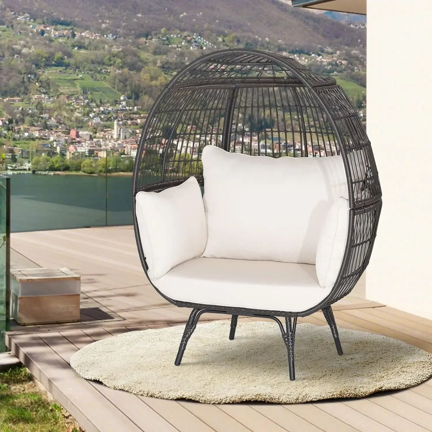 Outdoor & Indoor Hammock Chair with Thick Cushions, 2-Person PE Rattan Lounge Chair Swing Chair for Patio, Backyard,Porch